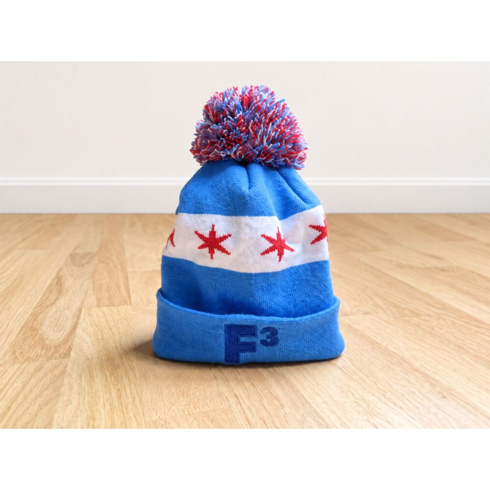 F3 Chicago Flag Pom Beanie Knit Winter Hat